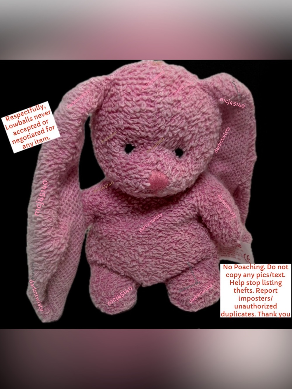 Vintage nwt Russ Berrie and Co Thimble Terry Cloth Bunny Pink